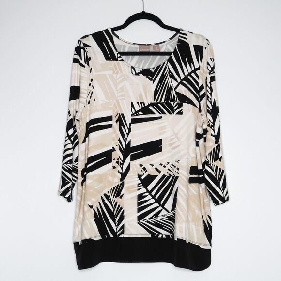 Chico's Womens Blouse Top Size 2‎ Large Black White Tan Tropical Abstract Casual - Picture 1 of 8